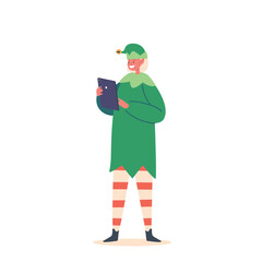 Cute Playful Christmas Elf Boy With Tablet Pc, Santa Claus Helper In Green Costume And Striped Stockings Read Message
