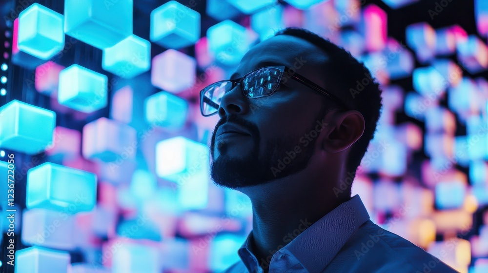 Poster man in front of a data manager cube