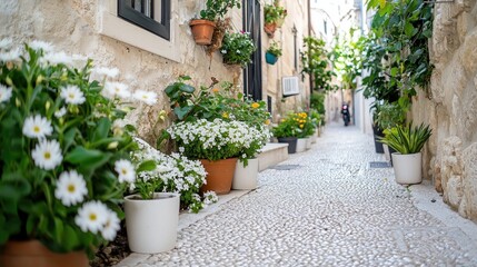 Naklejka premium Flower-lined alleyway in Mediterranean town
