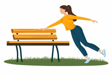 Vibrant outdoor scene featuring a stylish bench, perfect for leisure and relaxation, illustrated in a lively clip art animation style. Ideal for outdoor furniture design concepts.