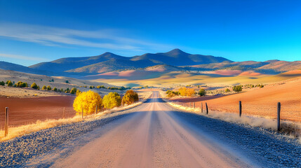 Scenic autumn road trip through colorful countryside, mountains background; travel, tourism imagery