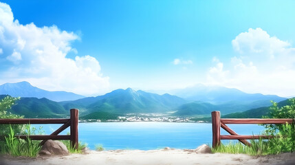 Fototapeta premium Scenic lakeside view, mountains & village background; summer day; idyllic travel poster