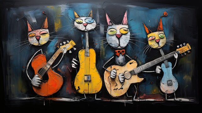 A painting of funny colorful 3d cartoon puppets caricatures of musicians and animals.with colorful background.	