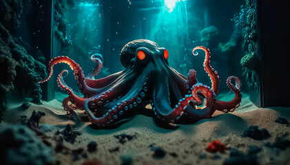 A large, bright, colorful octopus lies on the sand among the corals in the ocean