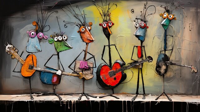 A painting of funny colorful 3d cartoon puppets caricatures of musicians and animals.with colorful background.	
