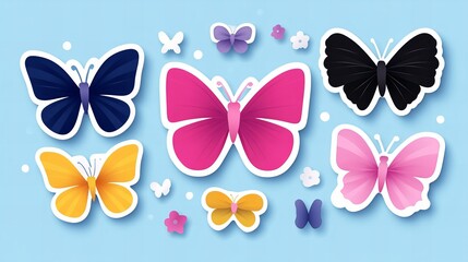 Fototapeta premium Colorful paper butterflies on a light blue background. A charming collection of insects.