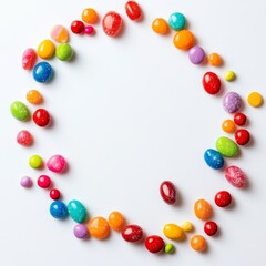 Colorful candies circle, white background, copy space, sweet treats