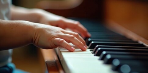Fototapeta premium Tiny hands on ivory keys, a child's musical exploration , wonder, photo