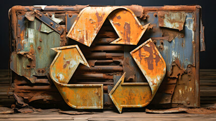 Rusty background showcases recycled symbol carved into metal, emphasizing importance of sustainable practices and environmental awareness