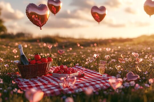romantic valentine day picnic in a blooming meadow with heart shaped baloon