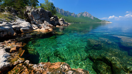 Obraz premium Clear lake, rocky shore, mountain view, summer day, travel