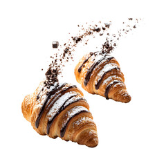 Flying Croissants with Chocolate Syrup Isolated on Transparent Background