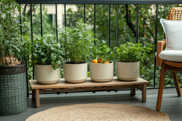 Fototapeta premium a vibrant urban balcony garden filled with potted herbs, vegetables, and flowers, showcasing the beauty of sustainable living in a city environment.