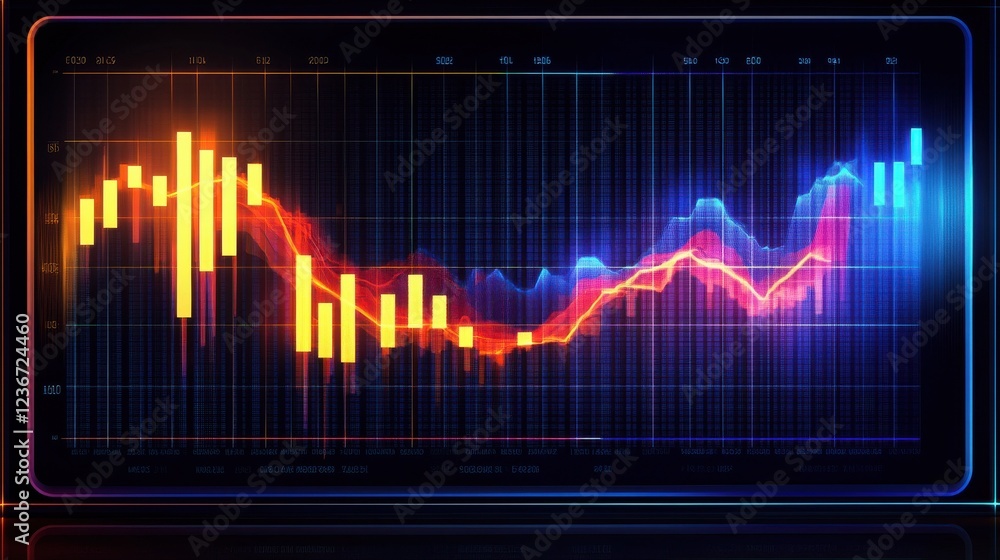 Poster abstract financial data displayed on a screen with a blue and orange color scheme and glowing light.
