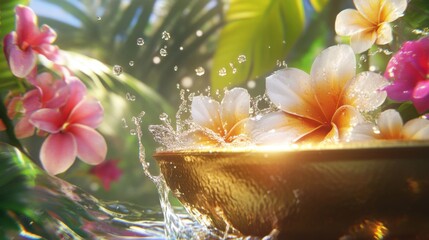 Vibrant water droplets splash in a golden bowl, surrounded by tropical blooms, radiating joy and warmth.