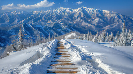 Snowy mountain landscape with wooden path leading through winter scenery
