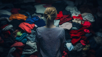 Back view of a woman standing in front of a large pile of clothes, looking indecisive about what to wear
