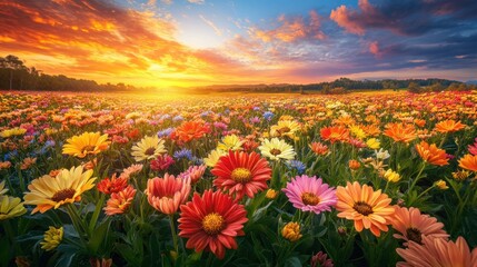 Fototapeta premium Bright and colorful spring flower field under a vivid blue sky, with various blossoms adding to the beauty of the landscape