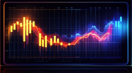 Abstract financial data displayed on a screen with a blue and orange color scheme and glowing light.