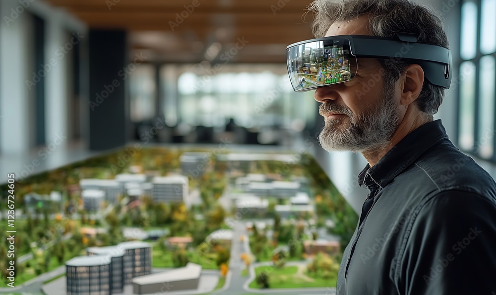 Poster man using augmented reality glasses to view a city model.