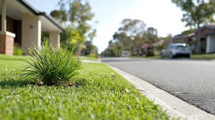Suburban street scene, grass focus, homes background, real estate