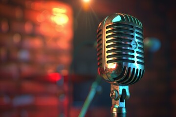 Vintage microphone is illuminated by colorful stage lights, creating a vibrant atmosphere for an upcoming performance
