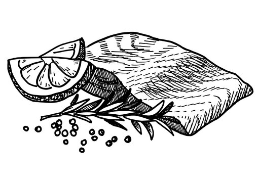 Salmon steak with lemon and herbs drawing isolated on white background for menu design.  Vintage engraved sketch. Seafood dot drawing collection