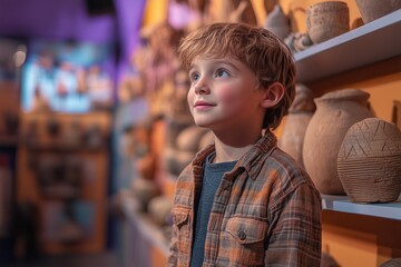 Obraz premium Exploring ancient artifacts in a museum display with a young boy's curiosity