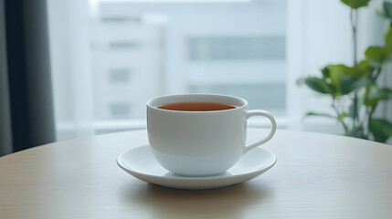 Obraz premium Teacup on table by window, city view, morning calm, relaxation