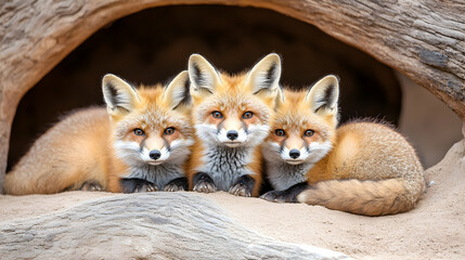 Three red fox kits peeking from a den, nature wildlife scene, perfect for nature documentaries or children's books