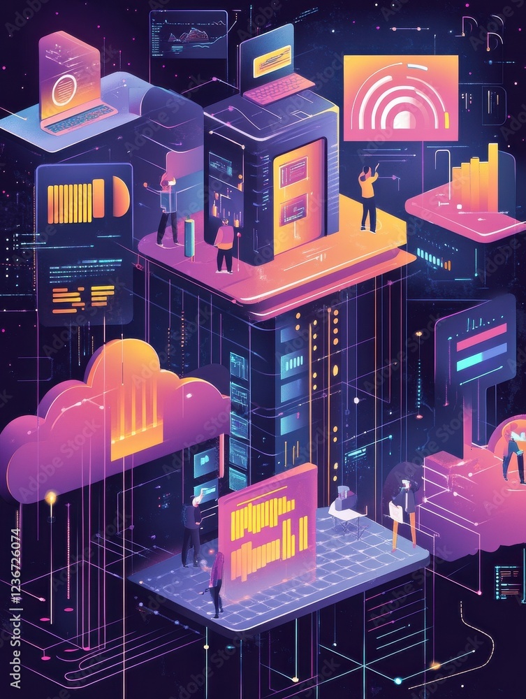 Poster it software solutions abstract concept vector illustration set. enterprise it management, big data d