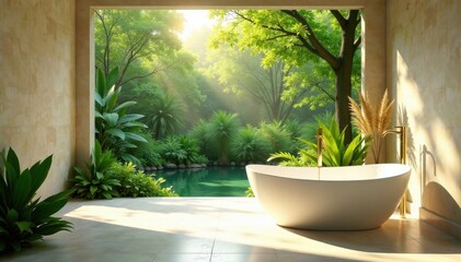 Calming oasis, freestanding tub, natural light, bathtub, calm