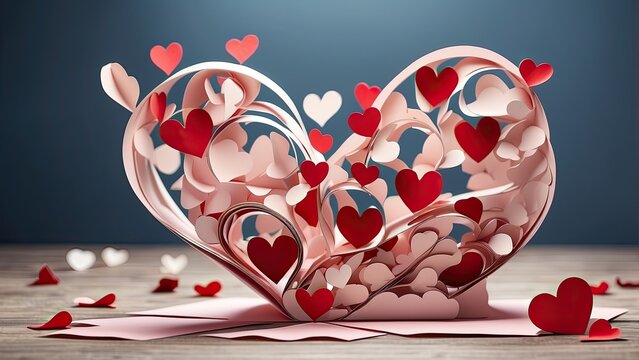 &ldquo;Valentine&rsquo;s Day Message Featuring Paper Heart Cutouts on a Green Background - 3D Rendering & Illustration&rdquo;