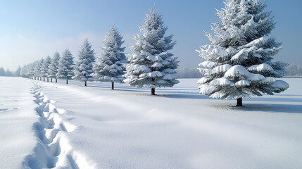 Fototapeta premium Snow covered pine trees create serene winter landscape under clear blue sky. peaceful scene invites tranquility and reflection