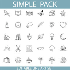 Editable Line Art Pack Simple Icons, Travel, Nature, Objects