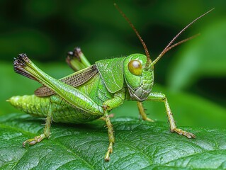 Fototapeta premium Vibrant Green Grasshopper on Lush Green Leaf