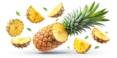 A whole pineapple is cut in half, surrounded by flying slices and pieces on a clean white backdrop. The vibrant yellow flesh and green leaves emphasize the tropical essence