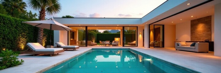 Fototapeta premium Geometric lines, open plan living, private pool patio, home decor, interior, pool