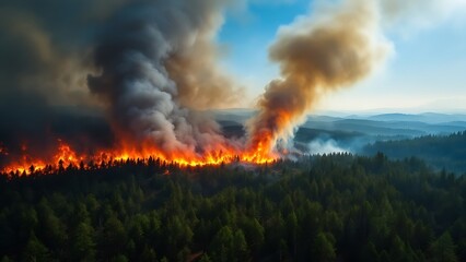 Aerial view of a wildfire burning through a dense forest, creating a large plume of smoke. Generated with AI