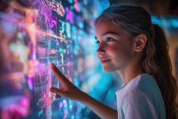 Young girl interacts with colorful holographic display in a modern environment
