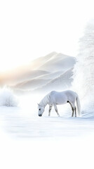 White horse grazing in snowy field, winter mountains background; serene nature scene for calendar or website