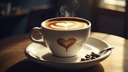 "Heart-Shaped Latte Art in a White Coffee Cup on a Wooden Table with Sunlight and Ample Copy Space"
