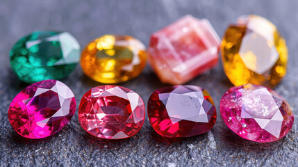 Sparkling assortment of colorful gemstones including red, green, and yellow. These jewels showcase brilliant cuts and vibrant hues