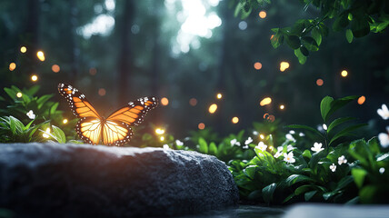 Fototapeta premium glowing butterfly rests on stone surrounded by lush greenery and magical light orbs