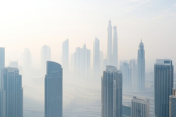 Skyscrapers shrouded in dense smog creating hazy urban skyline