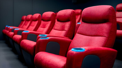 Fototapeta premium Empty red cinema seats, movie theater, dark background, leisure