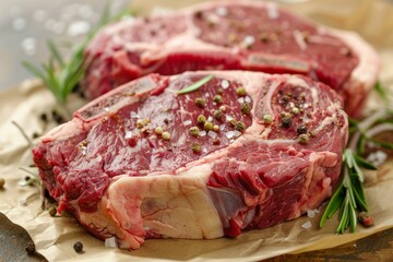Fototapeta premium Two raw rib eye steaks seasoned with salt, peppercorns and rosemary ready to be grilled