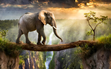 Fototapeta premium an elephant balances on a tree trunk over a ravine, AI generated
