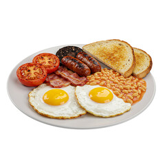 Full English Breakfast with Fried Eggs, Bacon, Sausages, and Baked Beans Isolated on Transparent Background