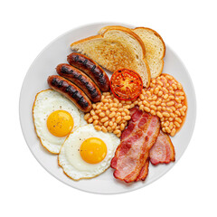 Full English Breakfast with Fried Eggs, Bacon, Sausages, and Baked Beans Isolated on Transparent Background
